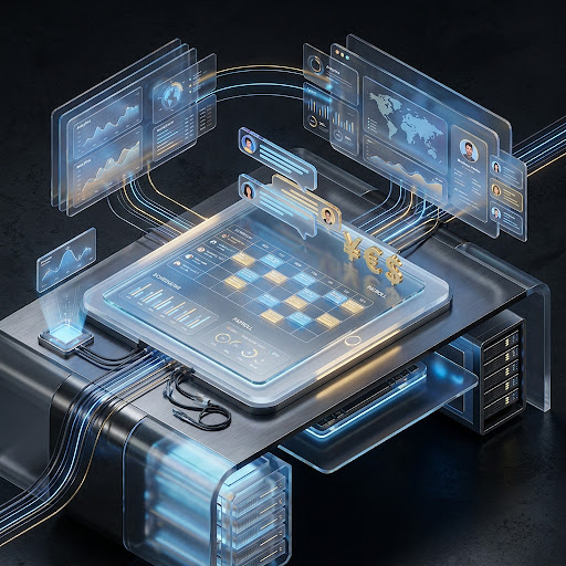 A visually striking 3D conceptual rendering of data consolidation and enterprise security. The image features glowing geometric shapes representing fragmented data merging into a central, fortified core structure. The palette consists of deep dark backgrounds with vibrant neon blue and amber accents, conveying a sense of secure, high-speed digital transformation and system integration.