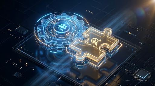 A cinematic, high-tech visualization of puzzle pieces and gears locking together, representing the strategic integration of specialized talent into an enterprise team structure.